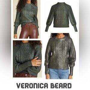 Veronica Beard Yola Gunmetal Green Metallic Merino Wool Cashmere Sweater
